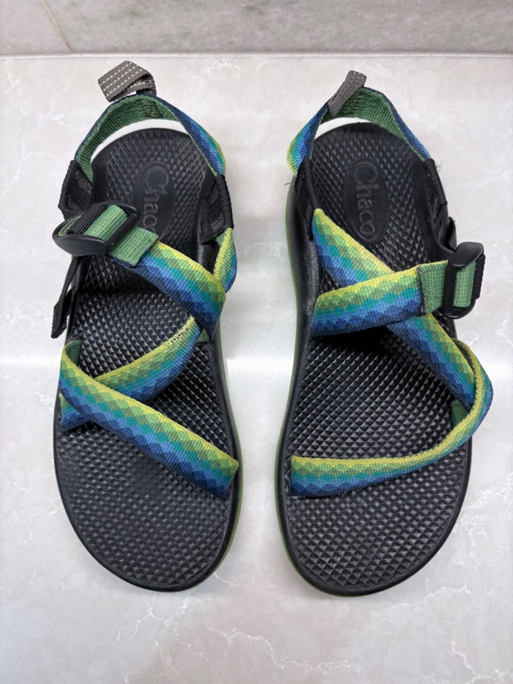 Chaco Strappy Sandals with Blue, Green and Yellow Gradient Webbing